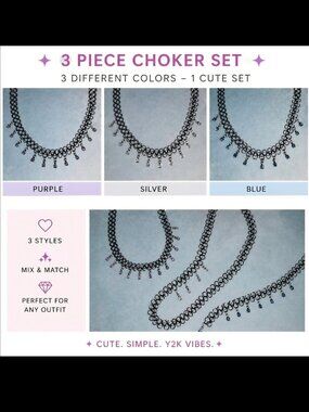 3 Pc Stretch Necklace chockers Black Cord Beaded Y2K Gothic Elastic 3 Colors